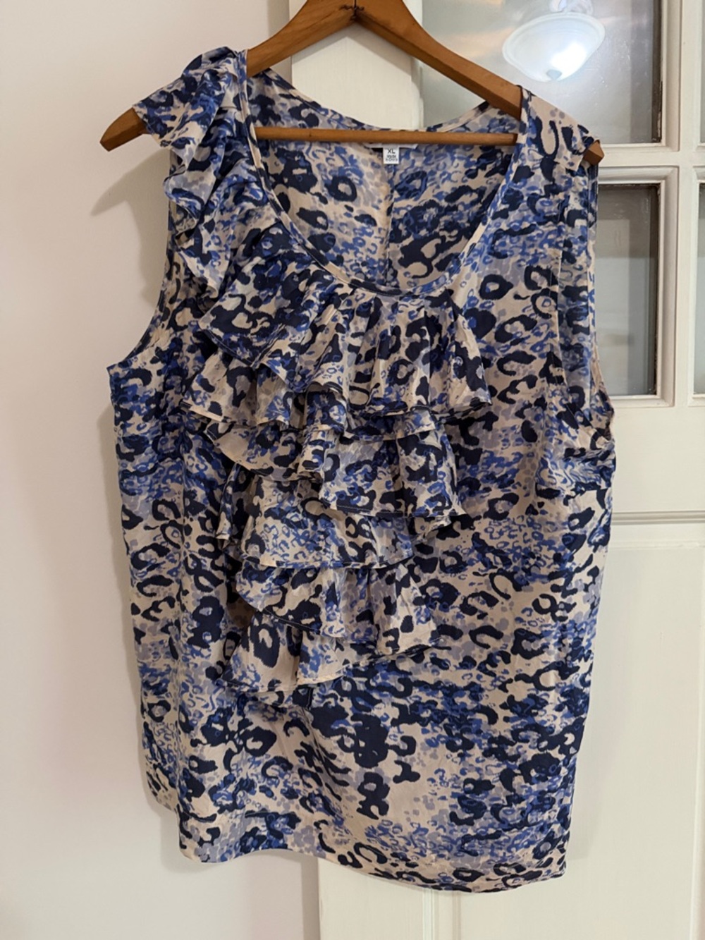 CAbi Blue and Cream Ruffle Sleeveless Camisole